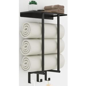 Towel Racks for Bathroom, Bathroom Towel Rack Wall Mounted with Metal Shelf and 3 Hooks for Small Bathroom, Black (Round Tube)