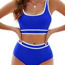 Adisputent Womens High Waisted Bikini Color Block Swimwear Bandeau Top Sports Style Scoop Crop Swimsuit 2 Piece Bathing Suits (X-Large, Royal Blue)