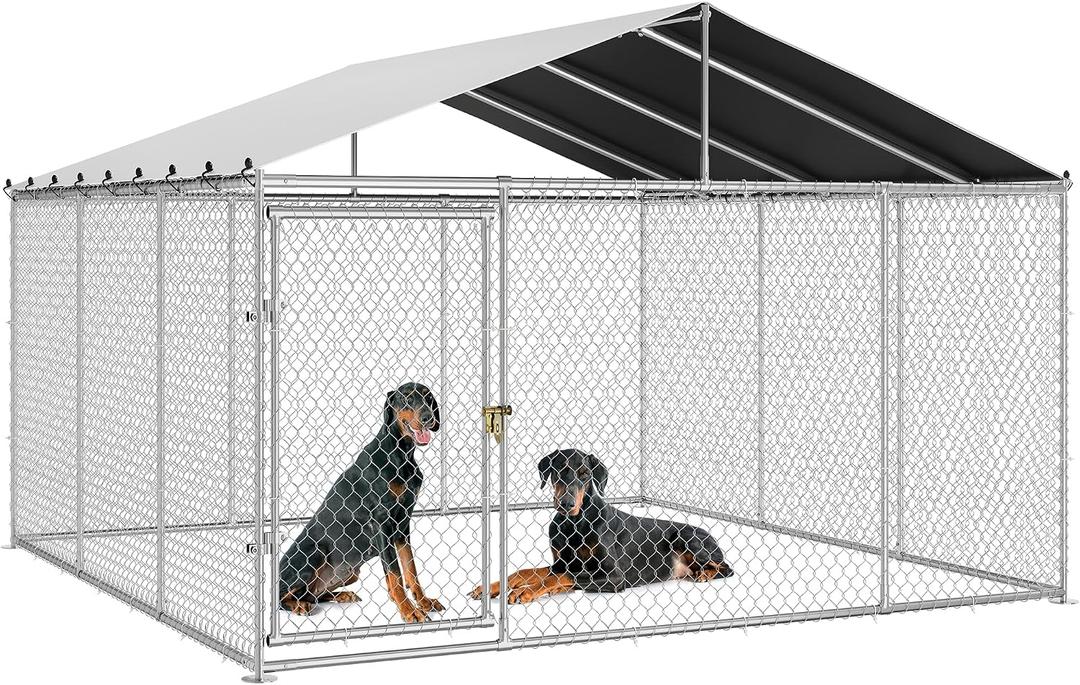 DWVO 14.8'x14.8' Large Outdoor Dog Kennel with Roof, Dog Pens Outside with Metal Dog Gate, Dog House Large Dogs for Yard