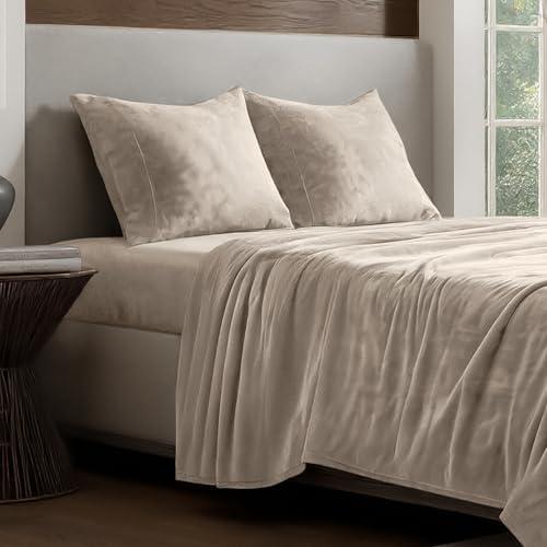 Bare Home Microplush Fleece Sheet Set - Twin Extra Long - Ultra Soft Velvet - Cozy & Warm - Plush All-Season Comfort - Wrinkle Resistant - Deep Pocket Fit - Non-Pilling Sheets (Twin XL, Sand)