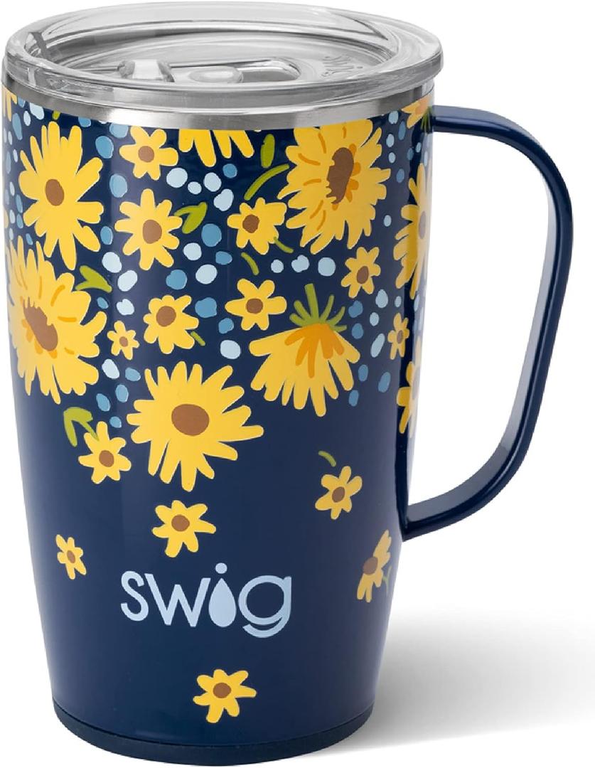 Swig Life 18oz Travel Mug, Insulated Tumbler with Handle and Lid, Cup Holder Friendly, Dishwasher Safe, Stainless Steel, Travel Coffee Cup (Lazy Daisy)