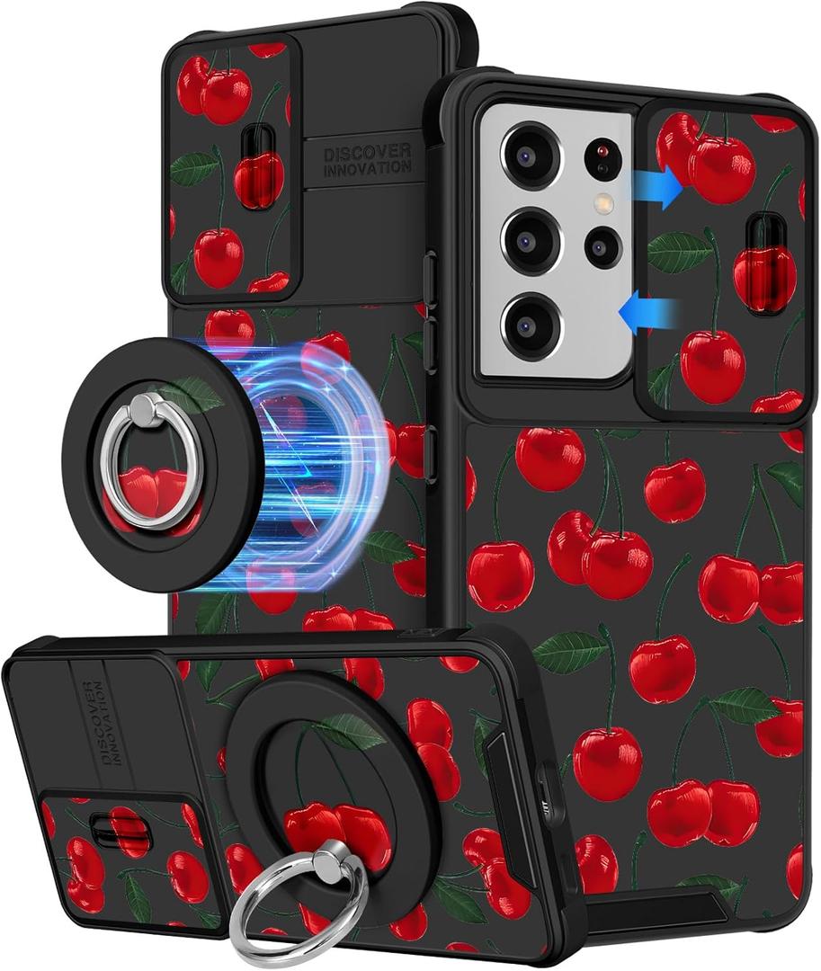 Buleens for Samsung Galaxy S21 Ultra Case 6.8 Inch - with Ring Stand & Camera Cover Aesthetic Cute Designed Women Girls Girly Kawaii Cherry for Samsung S21 Ultra 5G Case Compatible with Magsafe