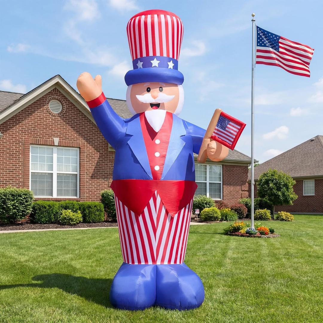 14FT Giant 4th of July Inflatable Uncle Sam Decoration with Built-in LED Lights, Patriotic Outdoor Yard Decoration with Dual Blowers, Stakes, Ropes & Sandbags for Independence Day Lawn Garden Decor