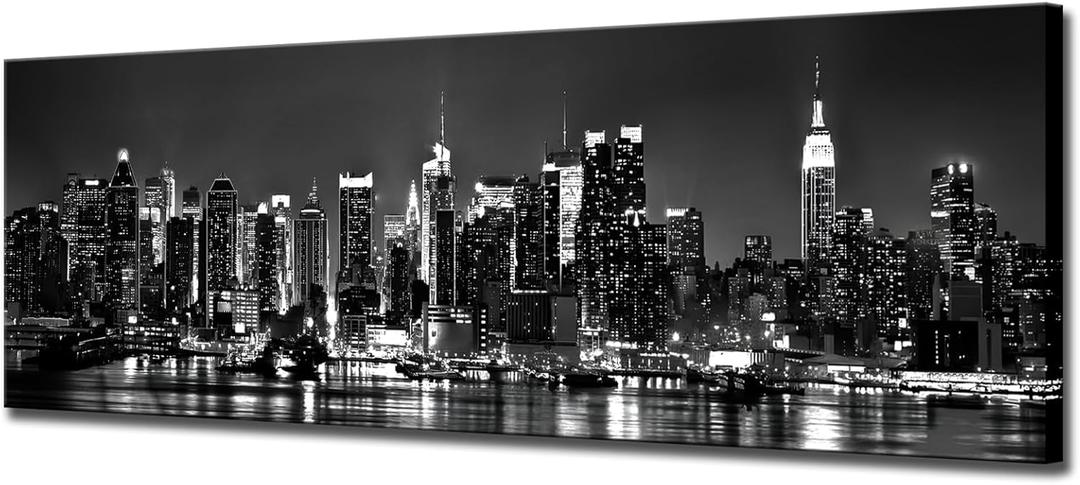 Biuteawal New York City Canvas Wall Art Modern Black and White Cityscape Poster Picture Prints Manhattan Skyline Night View Painting Artwork for Home Office Living Room Decoration Gallery Wrap, Size:16"x48"(40x120cm)