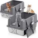 Stainless Steel XL Cat Litter Box for Cats, High-Sided Design Prevents Urine Leakage, Non-Stick, Easy to Clean, Includes Scoop, Grey