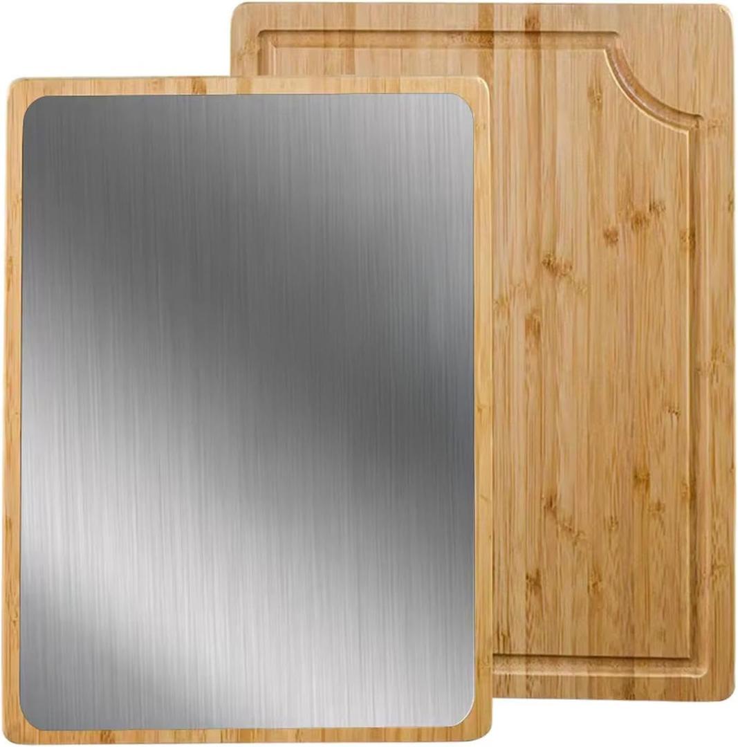 GR Kraft Stainless Steel & Bamboo Double-Sided cutting boards non toxic, Durable, Knife-Friendly Design, Microplastic-free, large cutting board Chopping Meat, Fish, Chicken, Bread, Fruits & More, 18.8"L x 0.6"W