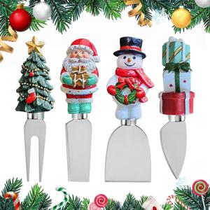 4-Piece Hand Christmas Resin Handles Cheese Knives, Xmas Charm Cheese Spreader Knife for Charcuterie Board Tools