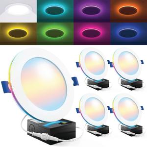 Sunco 4 Pack 6 Inch Smart Ultra Thin LED Recessed Ceiling Lights with Night Light, Tunable CCT 2700K to 6000K, Dimmable, 15W, Smooth Trim, Canless with Junction Box.