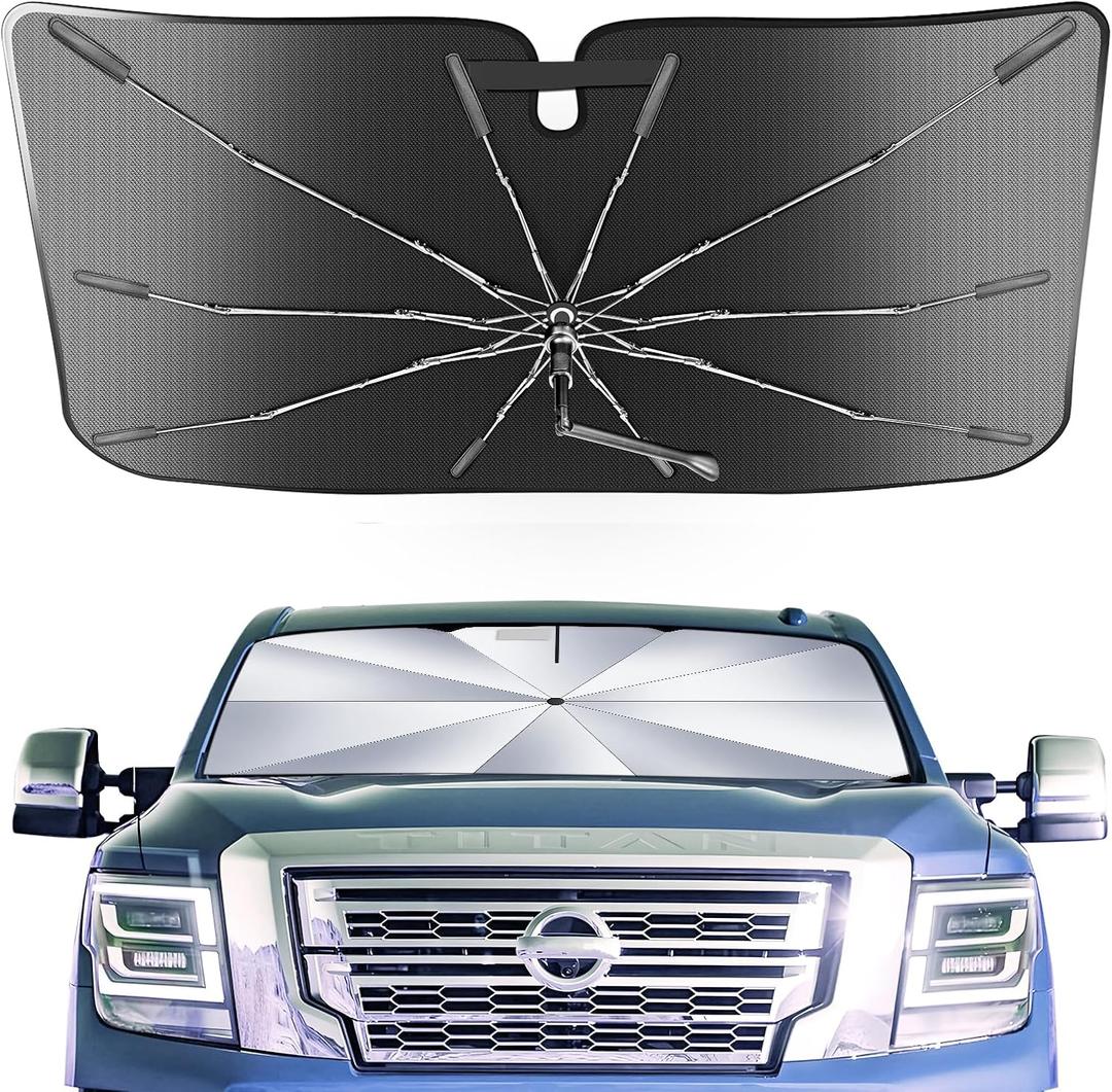 Portable for Nissan Titan 2020-2024 2025 Windshield Sunshade Umbrella with Carry Bag, 2 in1 Ice Crystal Durable Compact Shade Umbrella UPF50+ UV Front Window Heat Insulation Protection Outdoor Camping