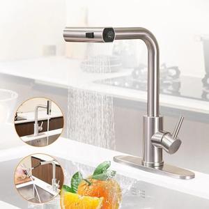 Waterfall Kitchen Sink Faucet with Pull Down Sprayer, 3 Modes(Sweep/Stream/Waterfall) Rotary Switch Stainless Steel Commercial Modern Faucet for Kitchen Sink Single Handle Brushed Nickel Sink Fuacet