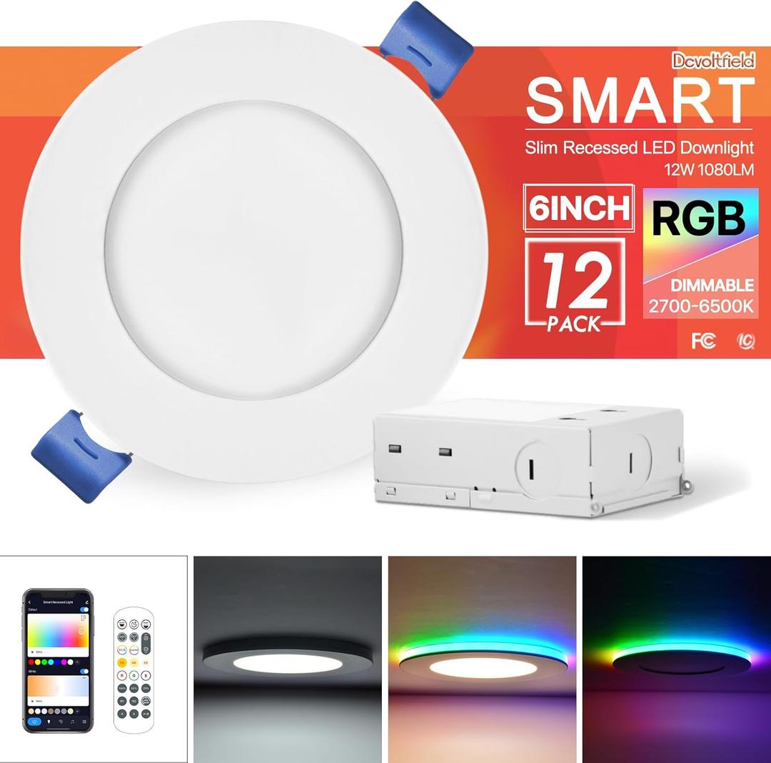 12Pack Smart RGB Recessed Lighting 6Inch,Ultra-Thin Canless LED Downlight, 2.4GHz Wi-Fi Bluetooth Direct Connect, 2700K-6500K,12W,1080LM,Work with Tuya App, Alexa,Google Assistant, Music Sync (Front CCT | Back RGB+Night Mode)