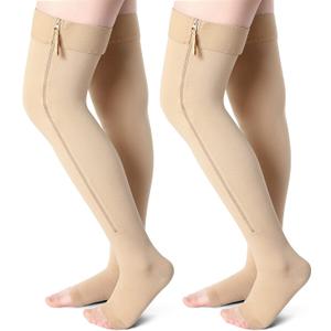 2 Pairs Open Toe Thigh High Zipper Compression Socks 20-30 mmHg Zipper Compression Stockings for Women Men Swelling Edema (Skin Color, Large)
