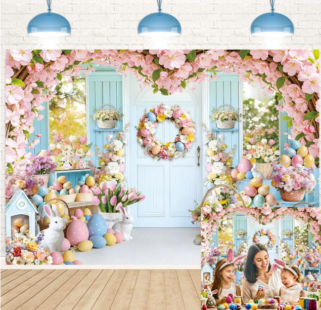 Easter Backdrop Spring Floral Bunny Colorful Eggs Photography Background Happy Easter Children Birthday Party Baby Shower Decoration Photo Booth Props Event Supplies 7x5FT