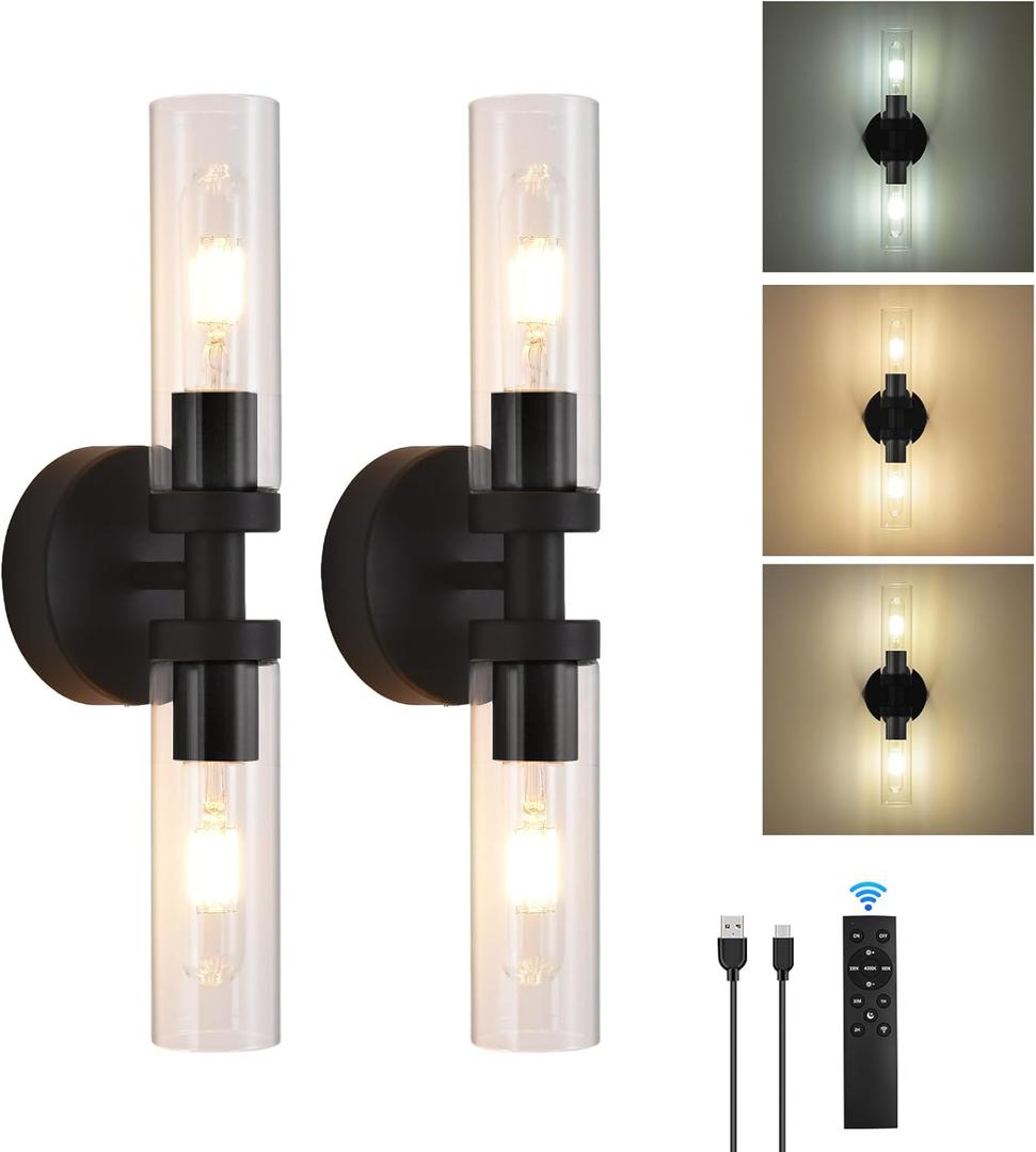 Battery Operated Wall Sconces Set of 2, 330 Rotation 3000K-6000K Dimmable Wireless Wall Sconce with Clear Glass Black 10400mAh USB Rechargeable Wall Lights with Remote Bulbs Included 2 Pack