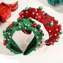 Christmas Headband for Women,Pearl Rhinestone Crystal Jeweled Hairband, Christmas,New Year's Day,Valentine Day,Mother's Day Knot Hair Hoops,Festive Pearl Hair Accessory(Red+Green)