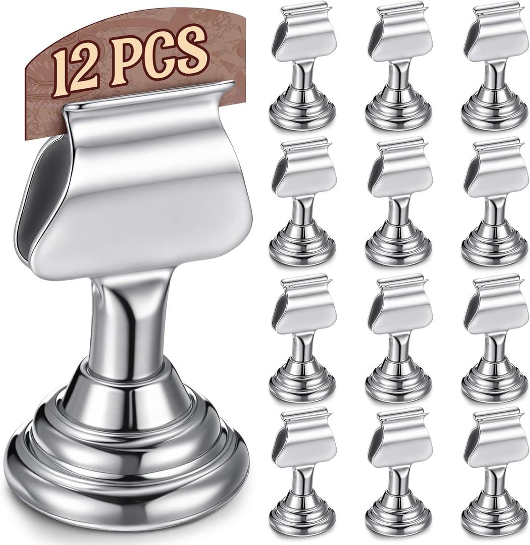 Kathfly 12 Pcs Wedding Table Number Holders 1.7 Inch Metal Silver Mini Place Card Holders Bulk Harp-clip Table Sign Stands Card Holder Display Picture Memo Notes Menu for Restaurants Birthday Decor