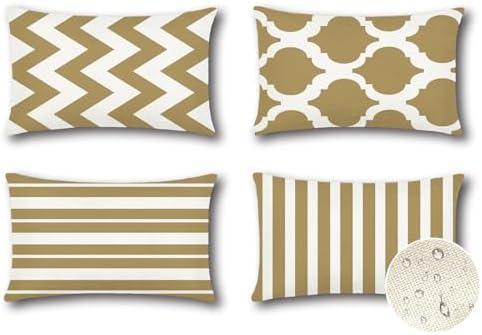 OTOSTAR Set of 4 Waterproof Throw Pillow Covers 16x24 Inch Farmhouse Geometric Square Pillow Cases for Couch Patio Furniture Balcony Garden Outdoor Decoration（Geometry70-Khaki）Pack of 2