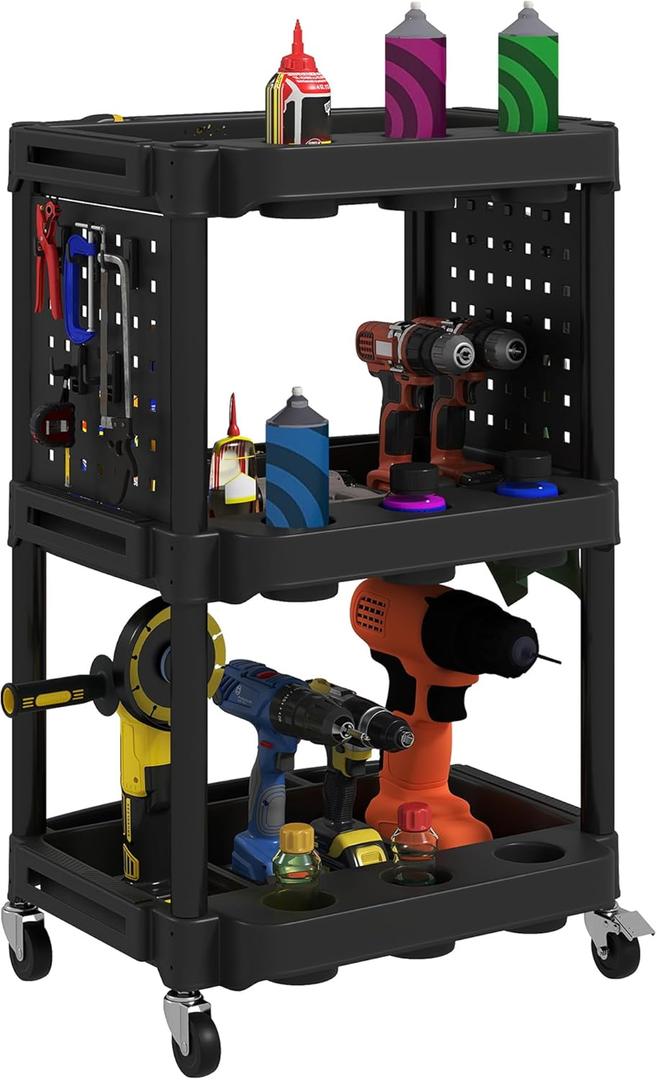 HOMCOM 3-Tier Rolling Tool Cart with Wheels, 200 LBS Capacity Plastic Utility Cart with Side Shelves, Mobile Service Tool Organizer for Garage, Warehouse, Workshop, Black