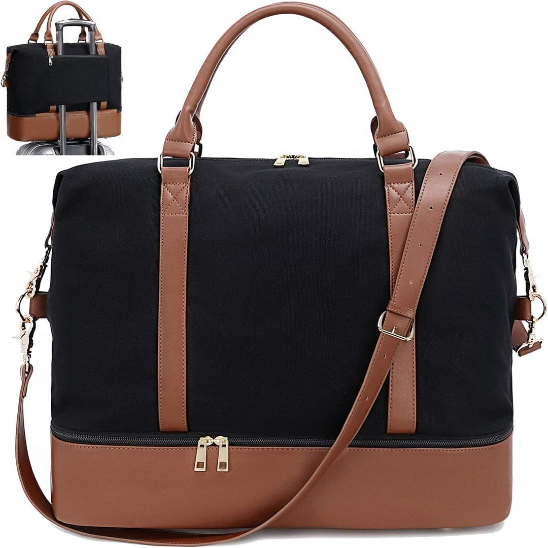 CAMTOP Women Travel Tote Overnight Weekender Carry On Bag With Luggage Sleeve and Shoes Compartmet (B-Black with Shoe Compartment)