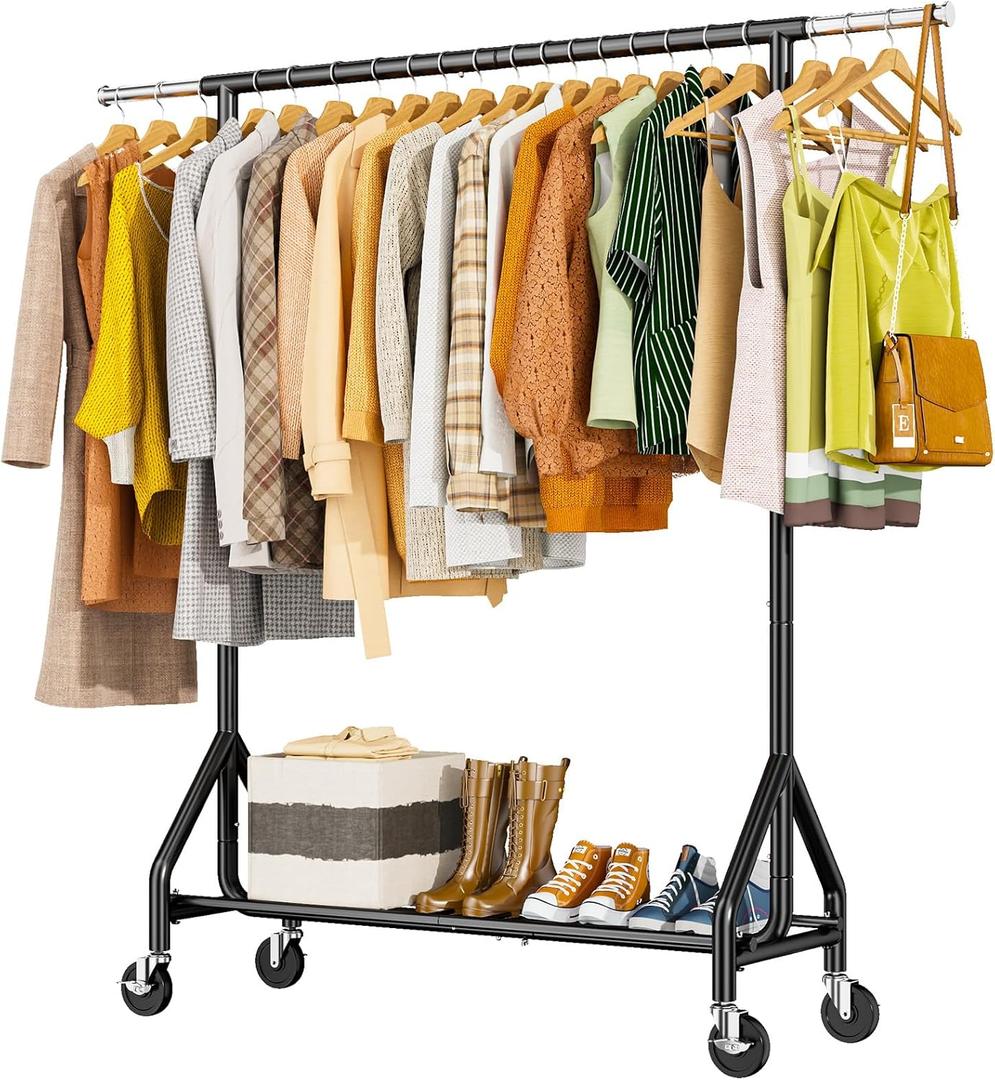 HYSEYY Heavy Duty Clothes Rack Load 450 LBS, Metal Garment Rack, Standing Rolling Clothing Rack for Hanging Clothes with Sturdy Wheels & Shelves, Portable Closet Wardrobe Rack, Black
