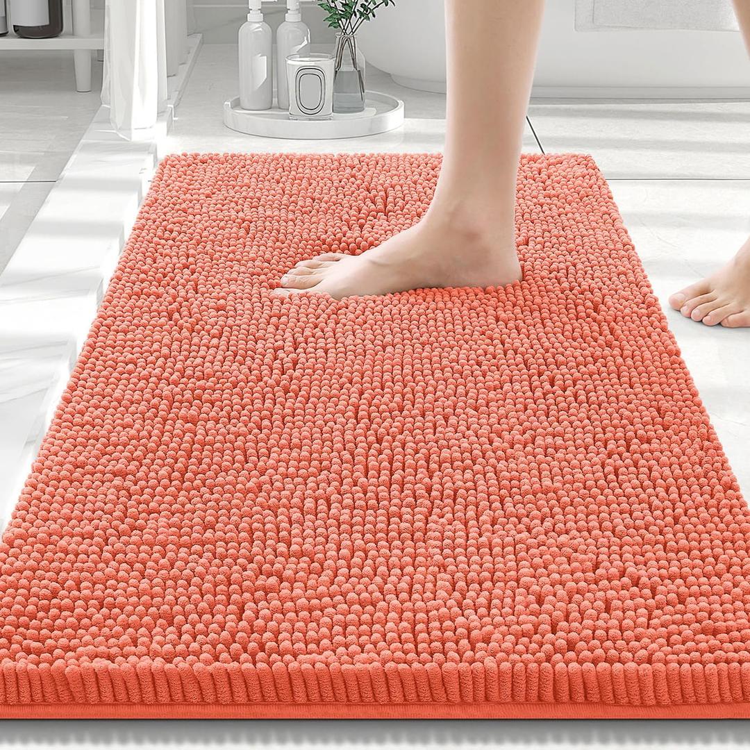Smiry Luxury Chenille Bathroom Rugs 30x20, Extra Soft and Absorbent Shaggy Bath Mat, Machine Washable, Non-Slip Plush Carpet Runner for Tub, Shower, and Floor, Home Decor Accessories, Coral