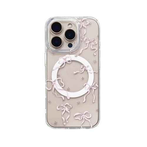 Magnetic Pink Bow Glitter Clear Case for iPhone 16 Pro 6.3[Compatible with MagSafe],Aesthetic Trendy Cute Star Y2K Bling Anti-Yellow Stylish Protective Cover for iPhone 16pro 6.3"