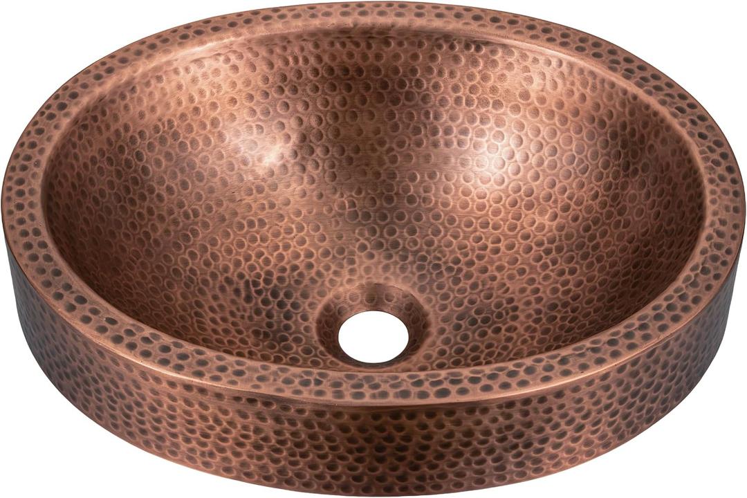 Monarch Abode Bathroom Sink 17-Inch Oval Skirted Drop In Bathroom Sink, Top Mount Hand Hammered Pure Copper Vanity Sinks for Countertop, Powder Room or Restroom, Drop in Sinks for Bathrooms