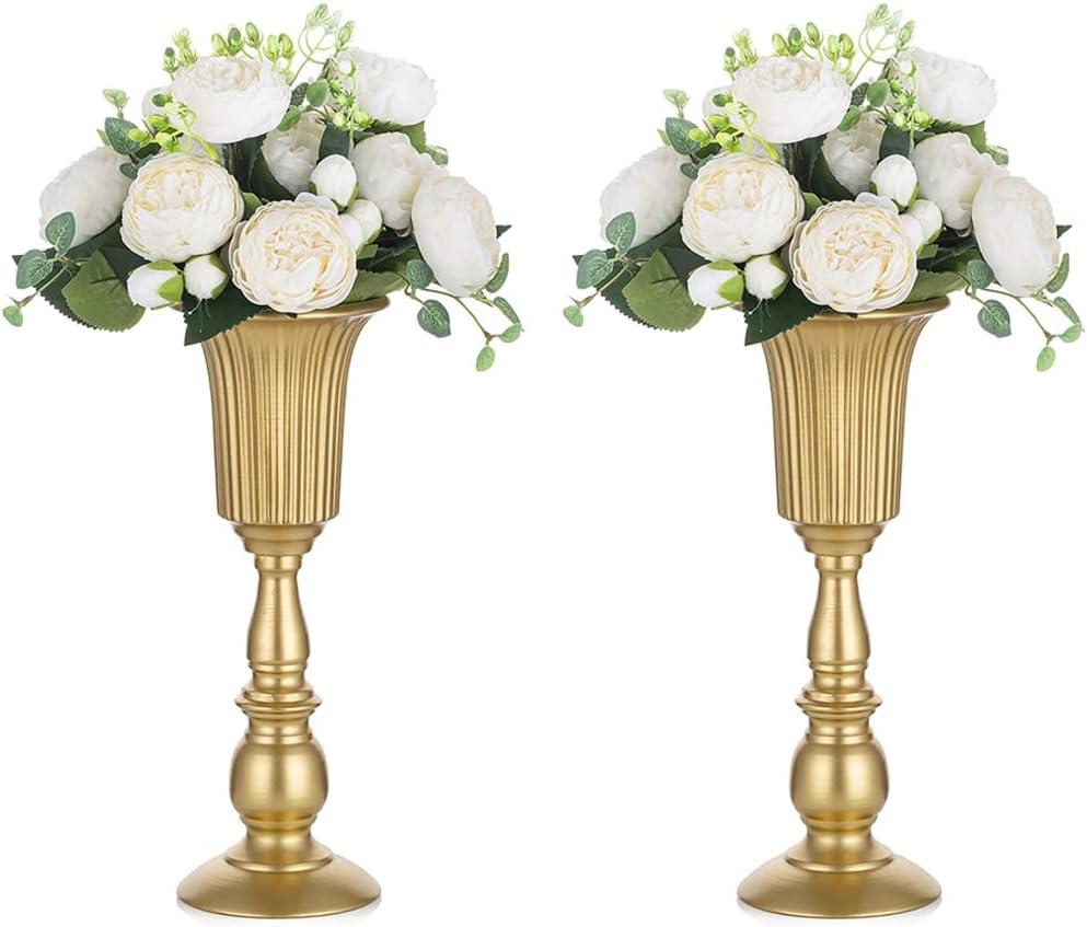 Nuptio Pcs of 2 Metal Trumpet Vase Elegant Wedding Centerpieces Vase for Party Decoration, 31.9cm/12.56" Tall Artificial Flower Arrangements for Anniversary Ceremony Gold