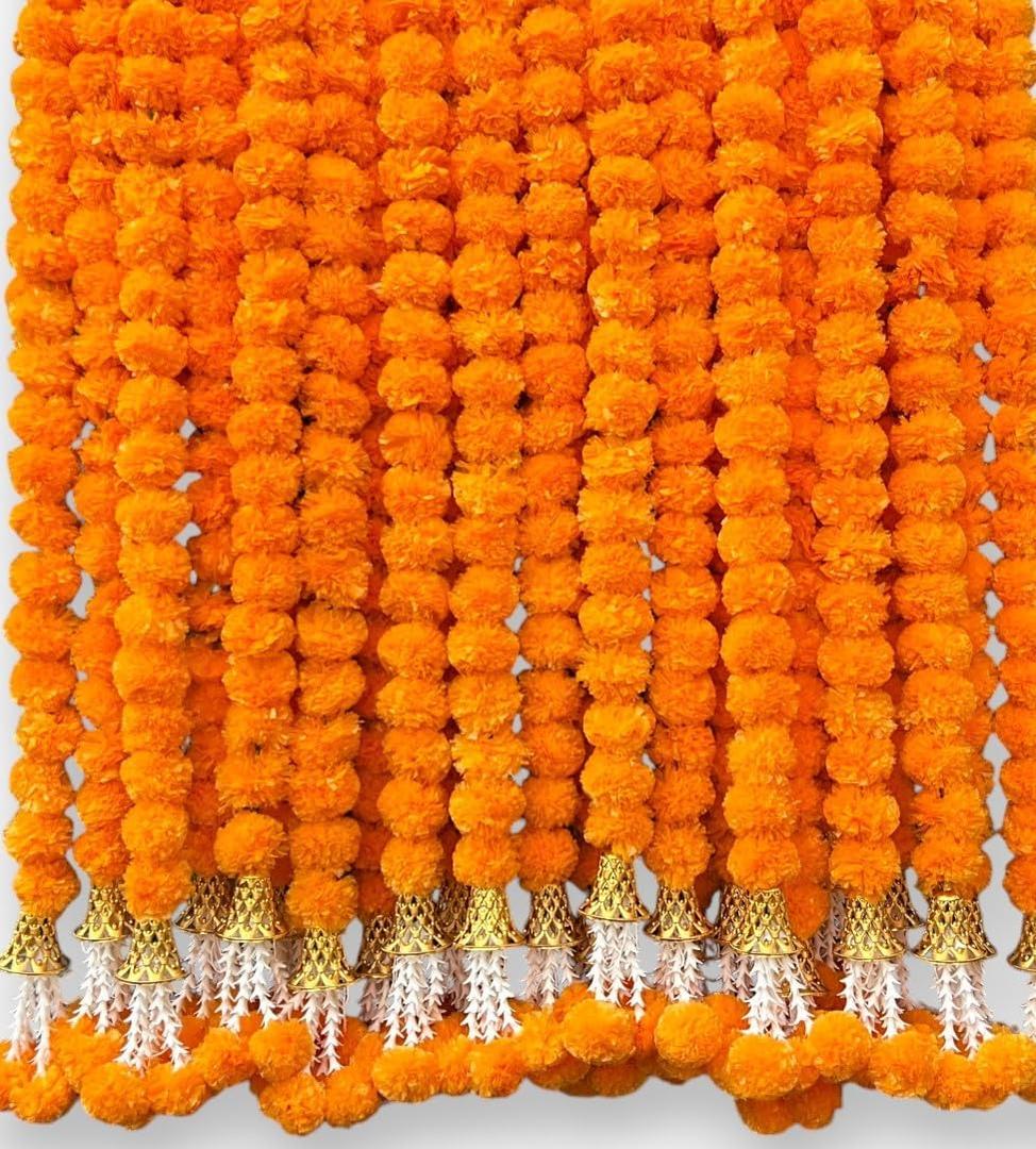 5 Pc 5 feet Long Marigold Garland for Decoration Long Strands Artificial Marigold Flowers | Indian Dcor for Pooja | Wedding | Christmas | Diwali Decor (Orange)