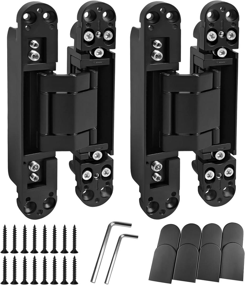 Hidden Door Hinge (7in)-2pc Invisible Door Hinges,3D Adjustable 180 Degree Invisible Hinges,176.5 lb.Load Capacity.(Black, 7 x 2.8 x 1)