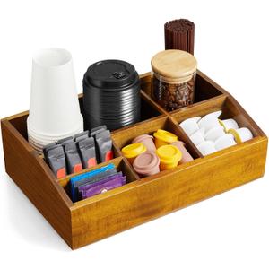Acacia Wood Coffee Station Organizer for Countertop, Coffee Bar Accessories and Organizer, Pod Holder Storage Basket for K Cup Sugar Tea Bag