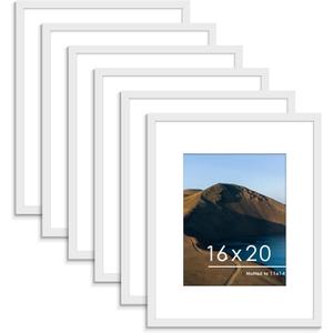 PEALSN 16x20 Picture Frame Set of 6, Display Pictures 11 x 14 with Mat or 16 x 20 Without Mat for Wall Mounting Display, Poster Frames Collage for Wall Decor, White