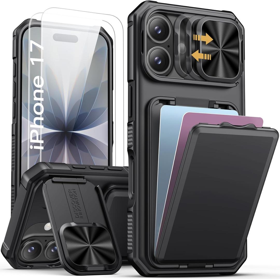 SSLOTSCASE for iPhone 17 Case with 2X Screen Protector, Credit Card Holder & Kickstand & Slide Camera Lens Cover & Camera Stand, Military-Grade Protection Heavy Duty Case Cover for iPhone 17, Black