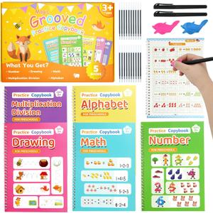 Elover Magic Grooved Writing Practice for Kid-Grooved Handwriting Practice for Kid 5-7 8-10- Magic Copybooks for KidsAges 3-5 Toys for Ages 5-7 Preschool Learning Activities (5 Book) (9.83* 6.96 INCH)