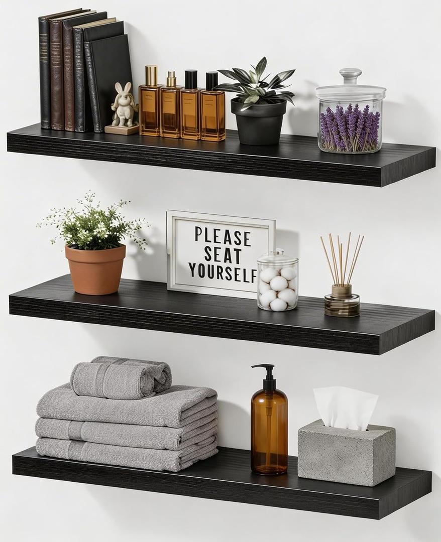  Easy Install Wall Shelves, 15.6 Inch Wall Mounted Wood Floating Wall Shelves, Set of 3, Small Wall Shelves for Storage and Wall Decor, Living Room, Kitchen, Office, Corner Shelf for Bathroom, Black