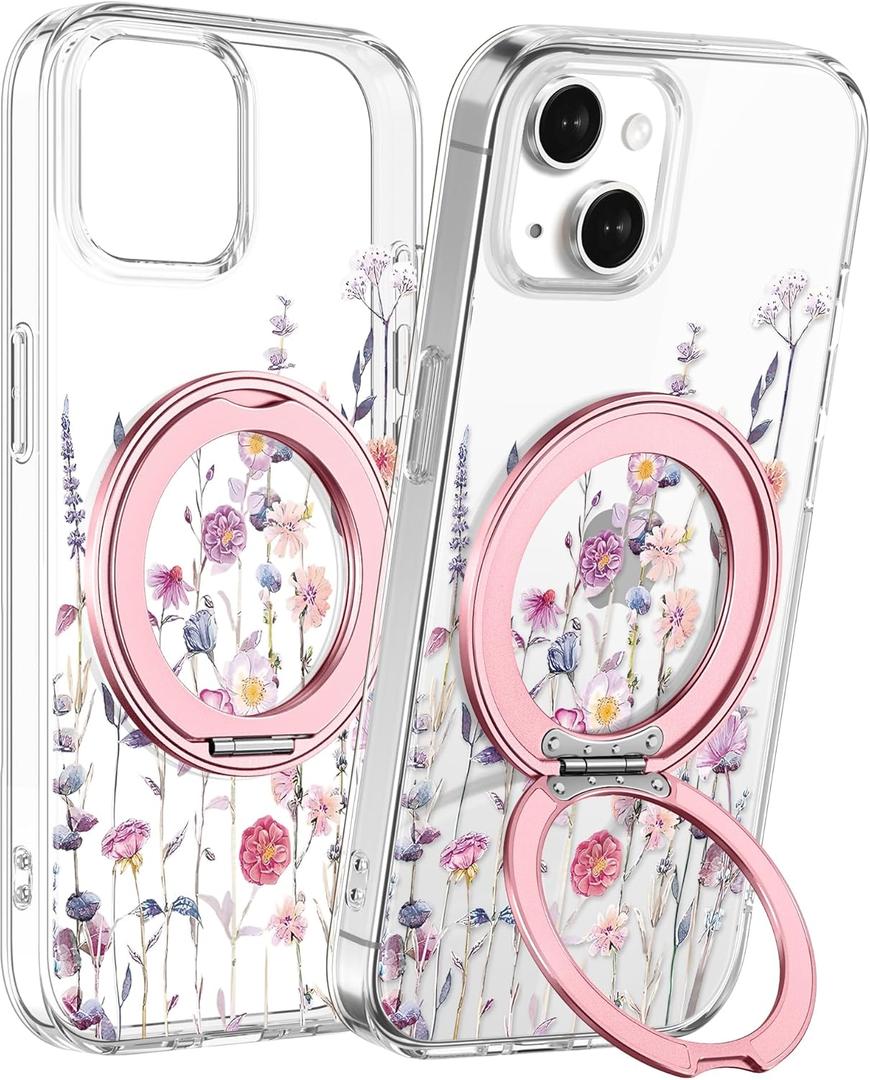Loheckle for iPhone 14/13 Case with Stand- Compatible with MagSafe Women Girls Cute Clear Girly Aesthetic Unique Design Soft TPU Magnetic Ring Phone Cover for Apple 14/13, Purple Flower