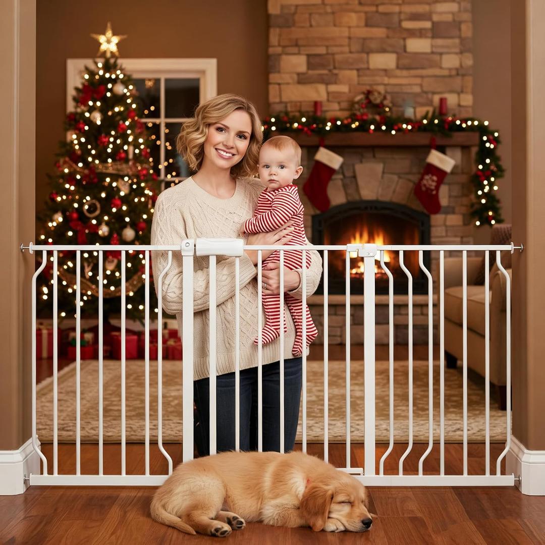 Extra Wide Baby Gates for Doorways 52.76"-62.20" Extra Wide Baby Gate Dog gate Pressure Mounted No Drilling with Walk-Through, Auto-Close & Dual-Direction Swing for Large Wide Opening White