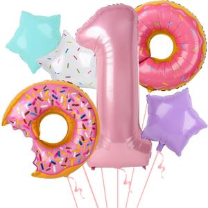 Dripykiaa 6 Pcs Donut Balloon Bouquet 40 Pink One Year Old Balloon Set for First Birthday Donuts Foil Helium Balloons Sweet One Donut Birthday Party Decorations Party Supplies Backdrops for Girls