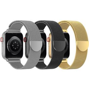 BELONGME 3 Pack Mesh Loop Compatible with Apple Watch Bands for Women Men 42mm/44mm/45mm/49mm/46mm(series 11 10), Stainless Steel Metal Magnetic Strap for iWatch (Titanium+Black+Gold)