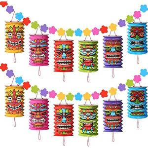 Hawaiian Luau Party Decorations Tiki and Flowers Lanterns Banners Tiki Luau Tropical Decor Summer Garland Lanterns Aloha Hanging Decoration for Summer Bars Festival Hawaiian Themed Parties(2 Pcs)