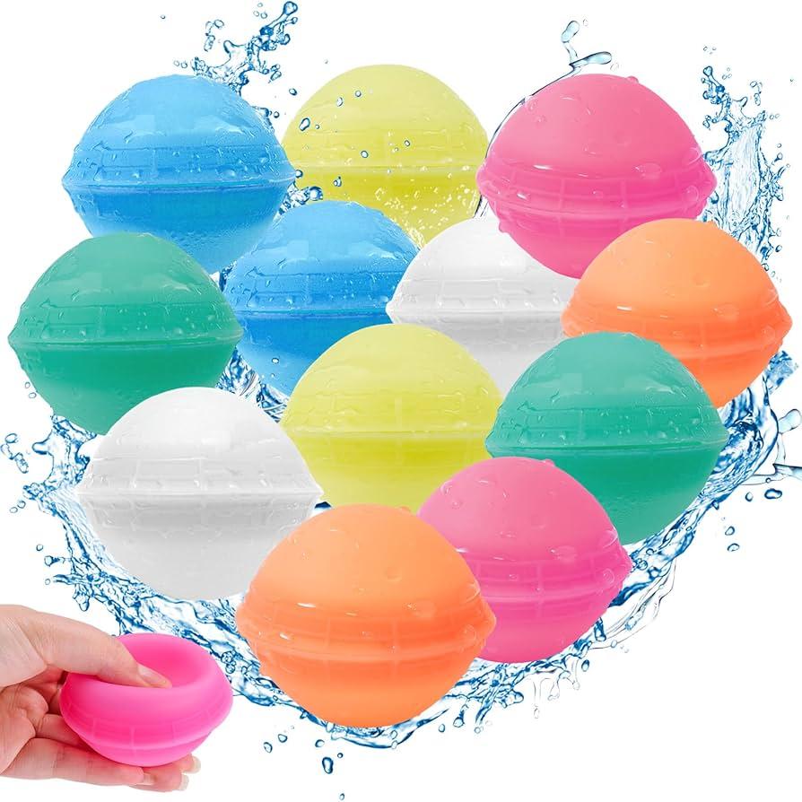 AROIC 12Pcs Reusable Water Balloons, Refillable Splash Balls for Kids and Adults, Soft Silicone Pool Beach Toys, Quick Fill Water Bombs for Summer Outdoor Games, Backyard Party Supplies Birthday Gifts