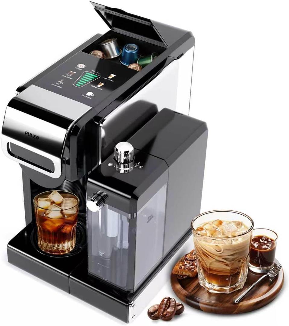 PULZO Espresso Machine with Integrated Automatic Milk Frother, capsule coffee maker for K*cup capsule/Ne*s Original/coffee powder, One Touch Latte & Cappuccino