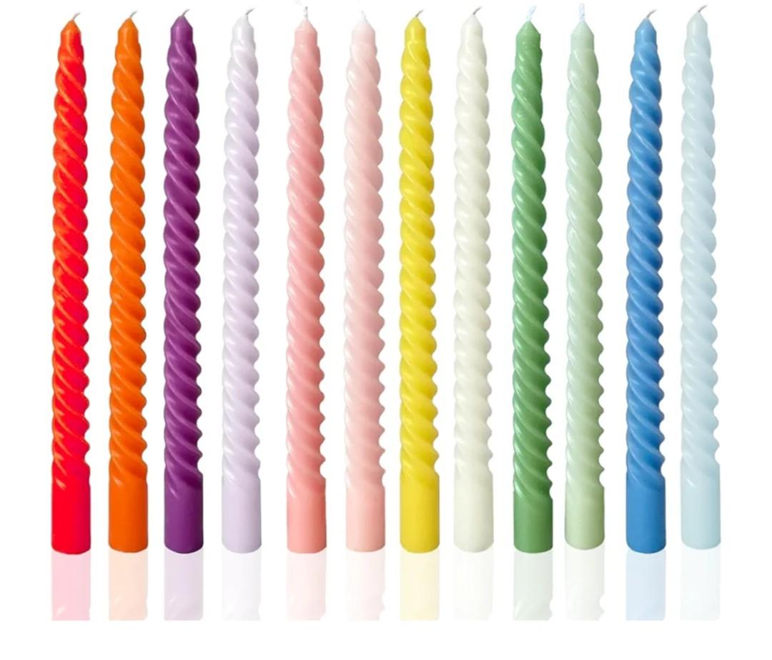 Colored Taper Candles Spiral Candle Sticks for Religious and Spiritual Settings,Unscented Pastel Candle for Holiday,Home Decoration,10inch,12 Pack(E,12colored)