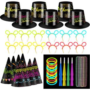 62 Pcs Neon New Year's Eve Party Supplies 2026 Hat Kit for 26 Guest Glow in The Dark Party Supplies Neon Hats, Headbands, Horns, Necklaces for Nye Party Supplies, Happy New Year Eve Neon Decor