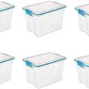 Sterilite 20 Qt Gasket Box, Stackable Storage Bin with Latching Lid and Tight Seal, Plastic Container to Organize Basement, Clear Base and Lid, 6-Pack