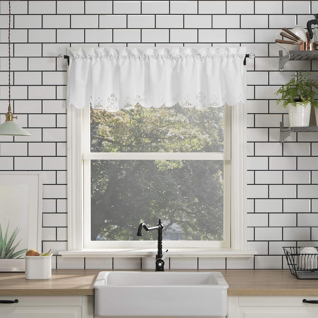 No. 918 Mariela Floral Trim Semi-Sheer Rod Pocket Kitchen Curtain Valance, 58" x 14", White