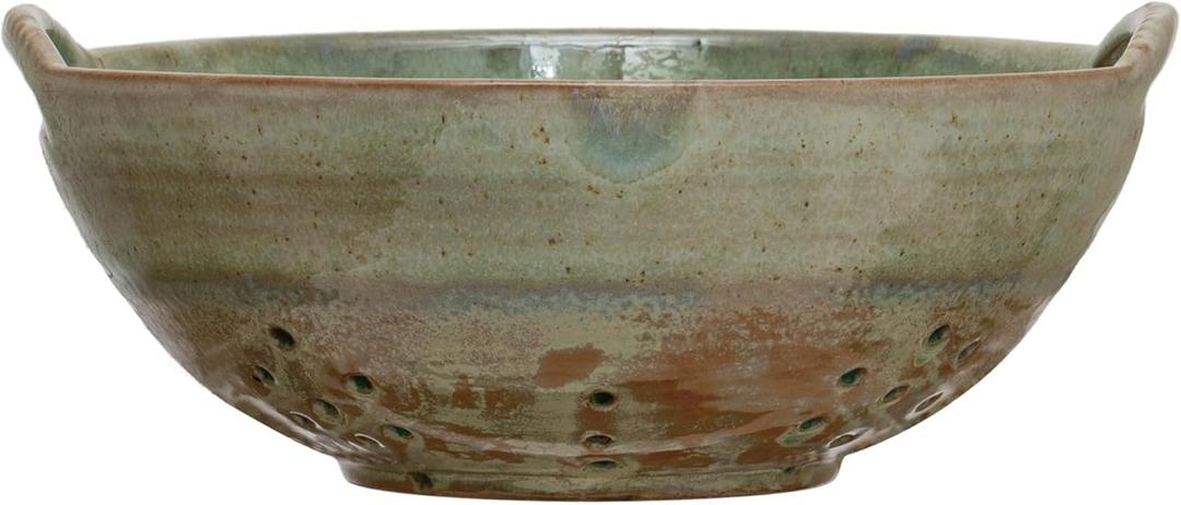 Creative Co-Op Stoneware Berry Bowl with Handles, Aqua Reactive Glaze (8.5"L x 7.75"W x 3.25"H)