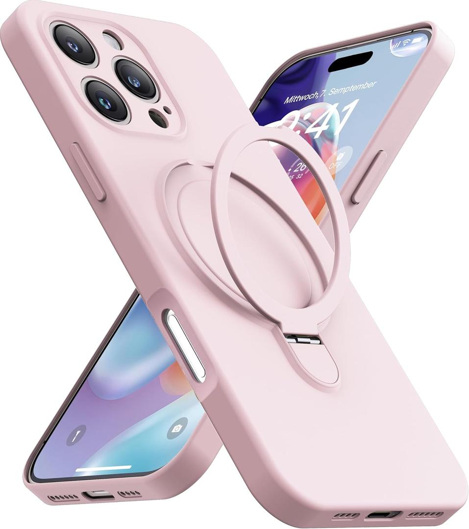 Magnetic Stand for iPhone 16 Pro Case, Liquid Silicone, [Compatible with MagSafe][Built-in Kickstand&Ring Holder] Anti-Scratch Soft Microfiber Lining, Light Pink