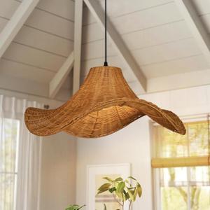 Arturesthome Boho Chandelier Light Fixture 23.6" Wicker Woven Hanging Lighting Coastal Beach Straw hat Shape Pendant Lamp for Living Room Bedroom Home Decro Beach House, 23.6" x 9.8"
