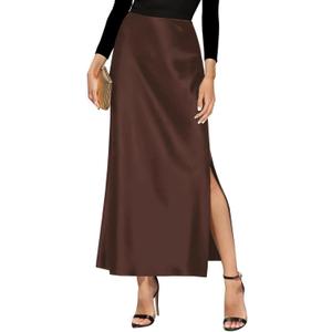 Women's Satin High Waisted Side Split Maxi Skirt Elastic Waistband Long Silk Skirts for Women (Chocolate) S